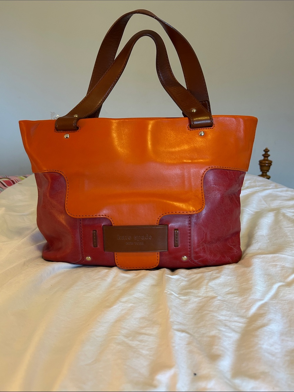 Kate Spade Orange and Magenta Leather Shoulder Bag with Brown Handles